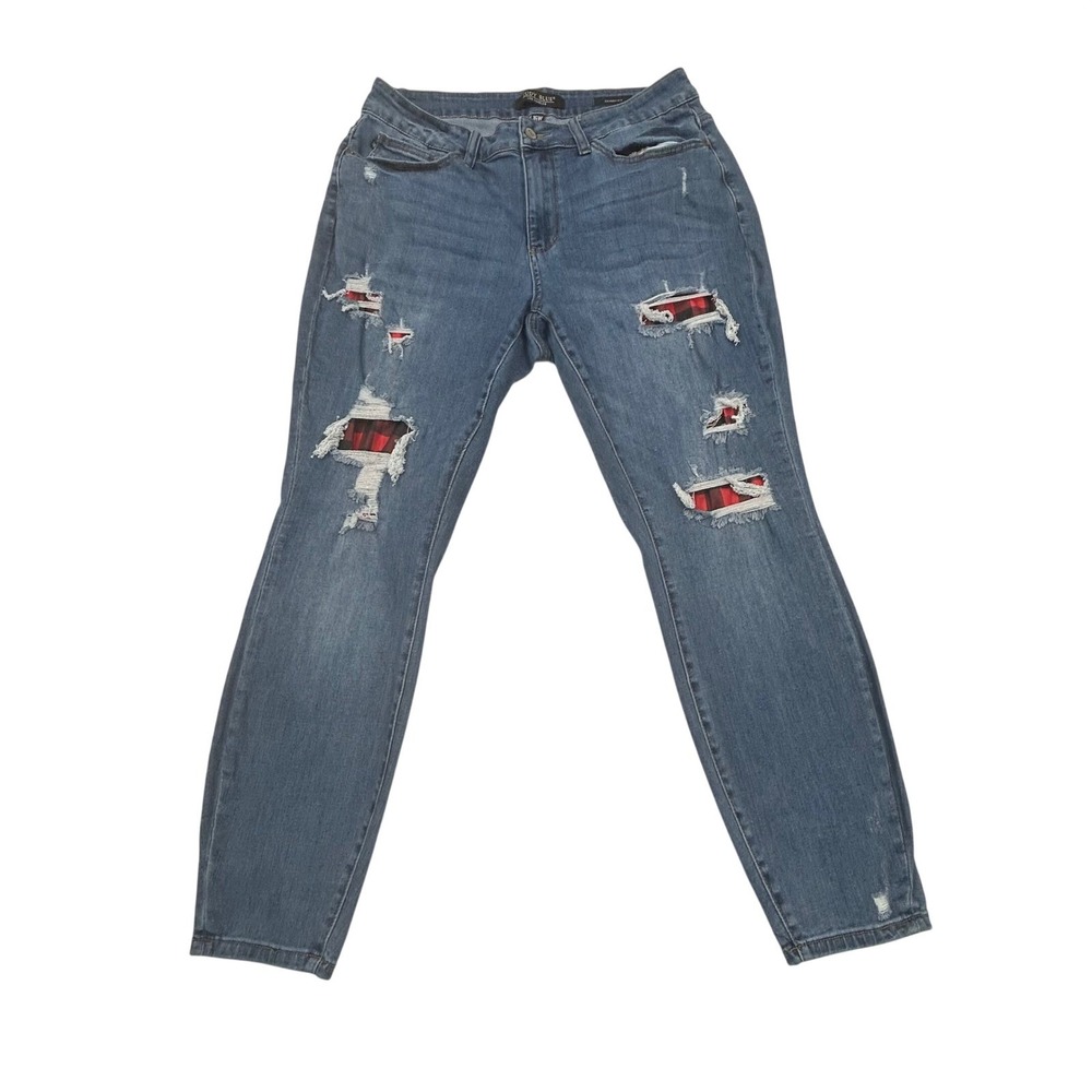 Judy Blue Skinny Fit Jeans Womens 16W Distressed Buffalo Plaid Patch Blue Denim
